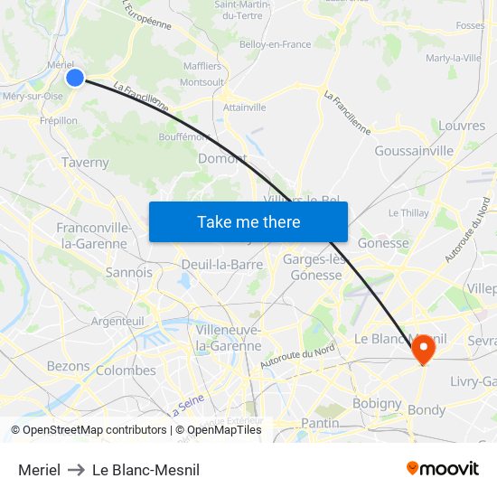 Meriel to Le Blanc-Mesnil map