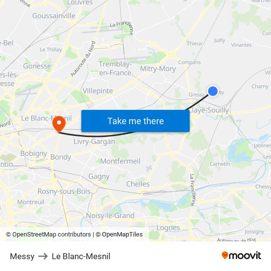 Messy to Le Blanc-Mesnil map