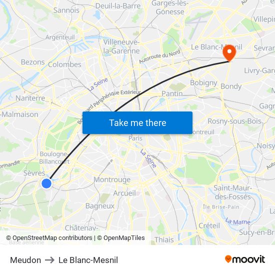 Meudon to Le Blanc-Mesnil map
