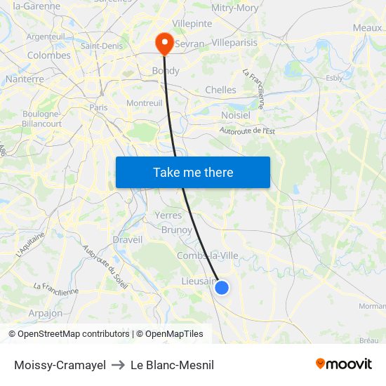 Moissy-Cramayel to Le Blanc-Mesnil map