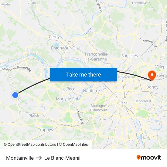 Montainville to Le Blanc-Mesnil map