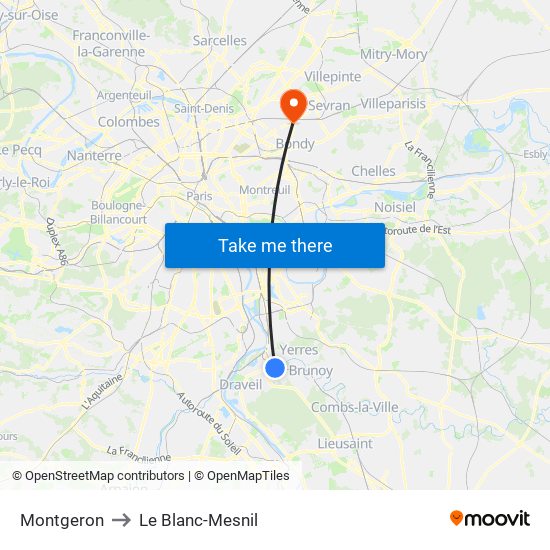 Montgeron to Le Blanc-Mesnil map