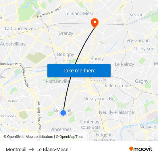 Montreuil to Le Blanc-Mesnil map