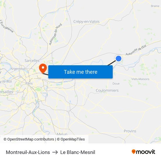 Montreuil-Aux-Lions to Le Blanc-Mesnil map