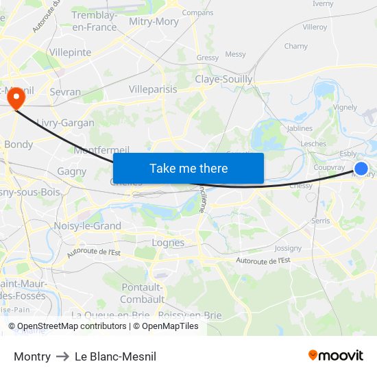 Montry to Le Blanc-Mesnil map