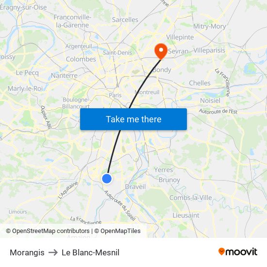 Morangis to Le Blanc-Mesnil map
