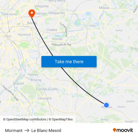 Mormant to Le Blanc-Mesnil map