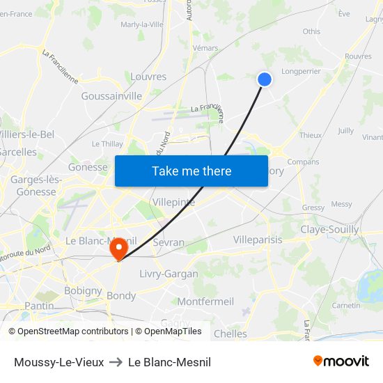 Moussy-Le-Vieux to Le Blanc-Mesnil map
