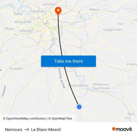 Nemours to Le Blanc-Mesnil map