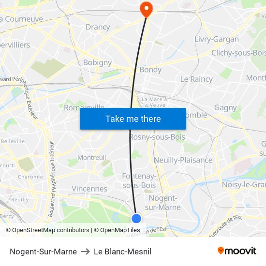 Nogent-Sur-Marne to Le Blanc-Mesnil map
