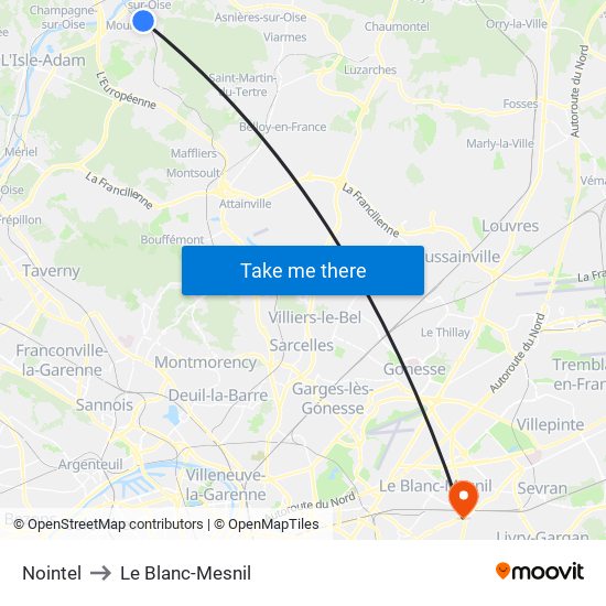 Nointel to Le Blanc-Mesnil map