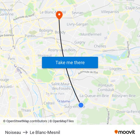 Noiseau to Le Blanc-Mesnil map