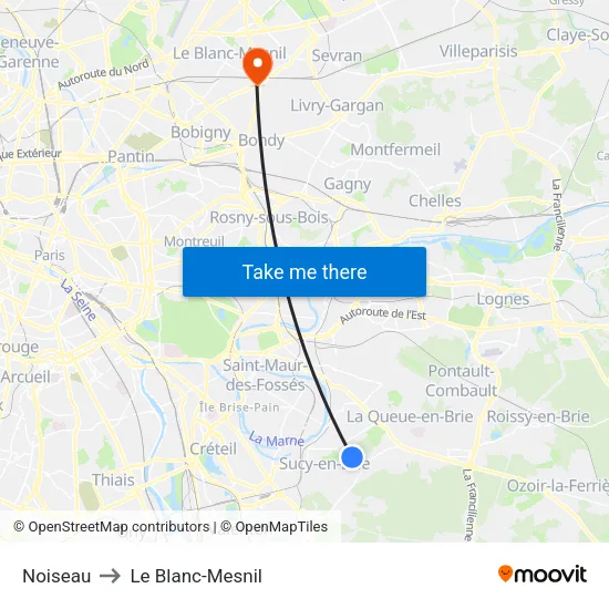 Noiseau to Le Blanc-Mesnil map