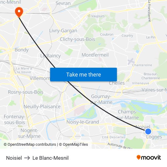 Noisiel to Le Blanc-Mesnil map