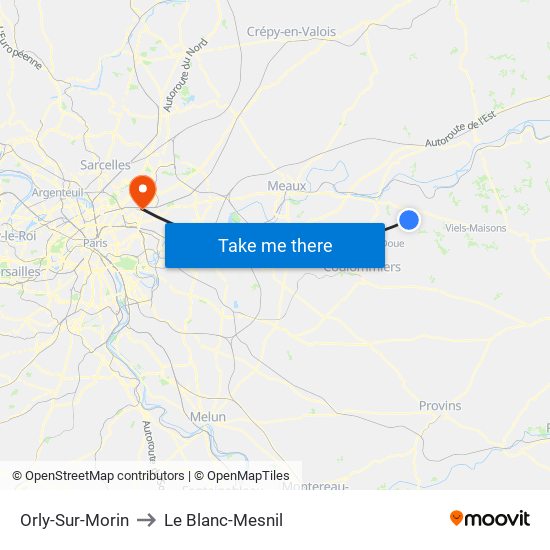 Orly-Sur-Morin to Le Blanc-Mesnil map