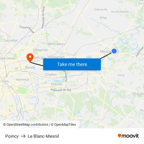 Poincy to Le Blanc-Mesnil map