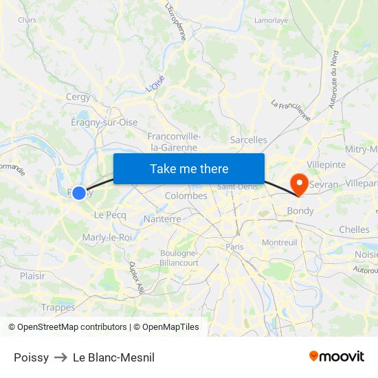 Poissy to Le Blanc-Mesnil map