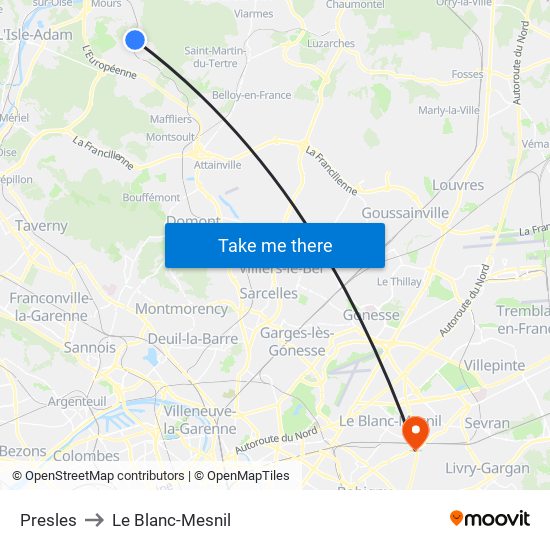 Presles to Le Blanc-Mesnil map
