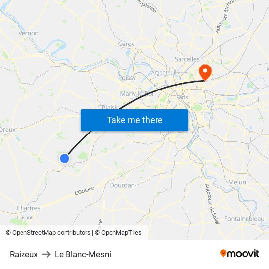 Raizeux to Le Blanc-Mesnil map