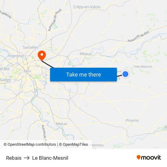 Rebais to Le Blanc-Mesnil map