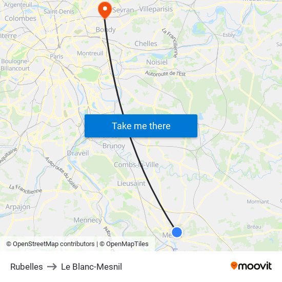 Rubelles to Le Blanc-Mesnil map