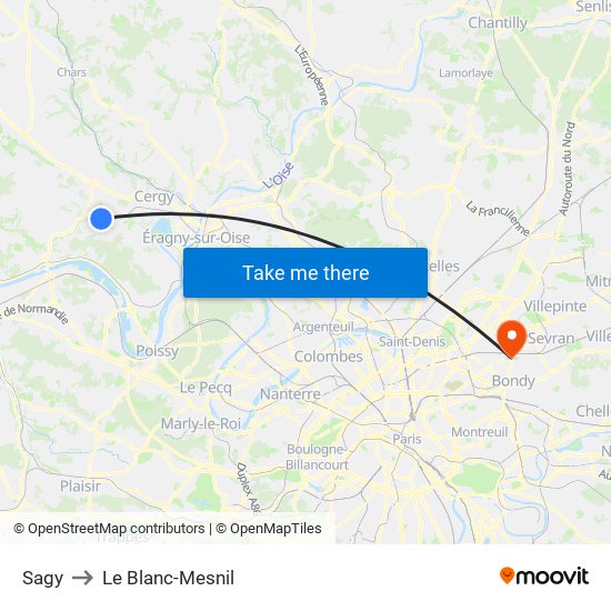 Sagy to Le Blanc-Mesnil map
