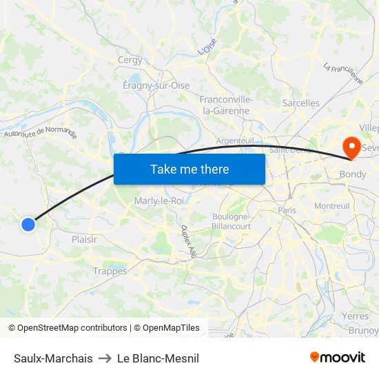 Saulx-Marchais to Le Blanc-Mesnil map
