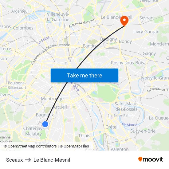 Sceaux to Le Blanc-Mesnil map