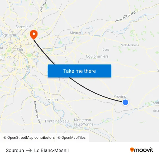 Sourdun to Le Blanc-Mesnil map