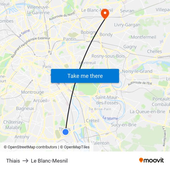 Thiais to Le Blanc-Mesnil map