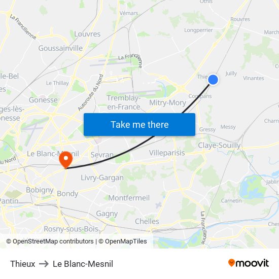 Thieux to Le Blanc-Mesnil map