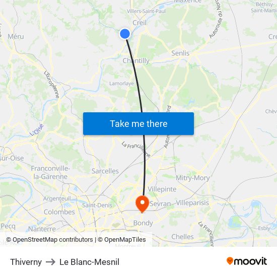 Thiverny to Le Blanc-Mesnil map