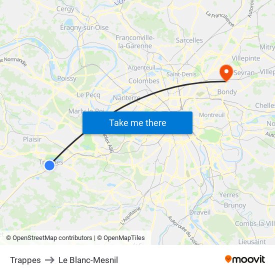 Trappes to Le Blanc-Mesnil map