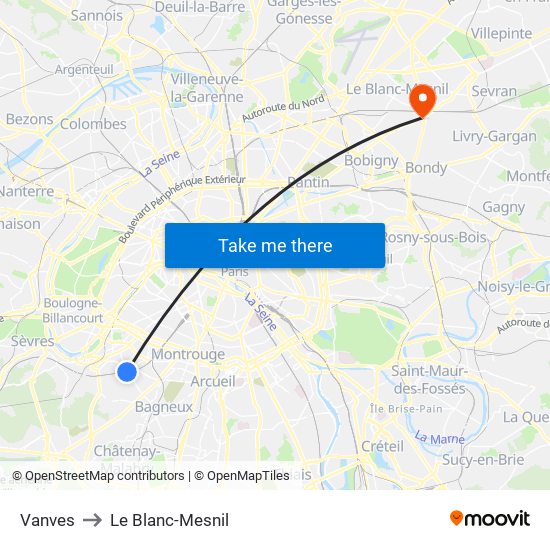 Vanves to Le Blanc-Mesnil map