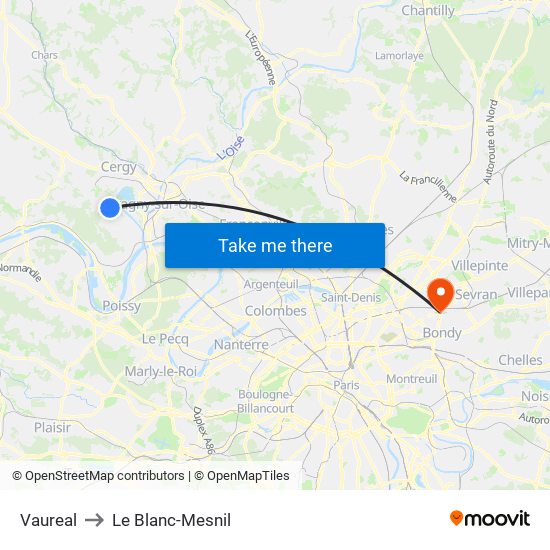 Vaureal to Le Blanc-Mesnil map