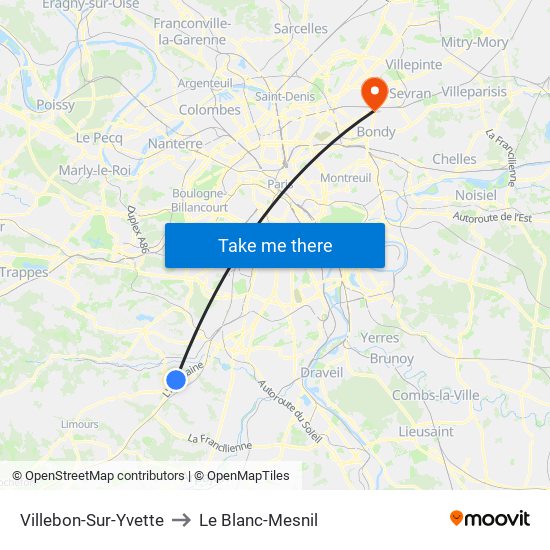 Villebon-Sur-Yvette to Le Blanc-Mesnil map