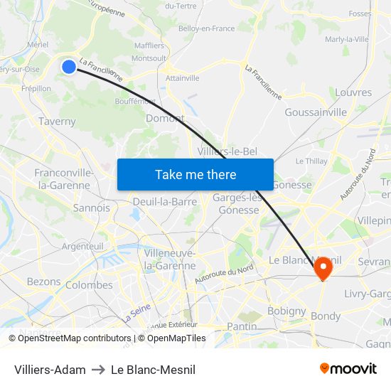 Villiers-Adam to Le Blanc-Mesnil map