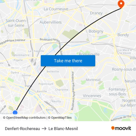 Denfert-Rochereau to Le Blanc-Mesnil map