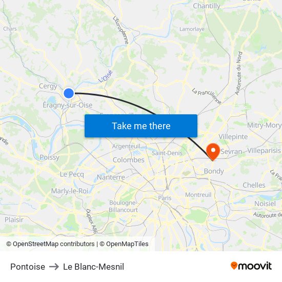 Pontoise to Le Blanc-Mesnil map