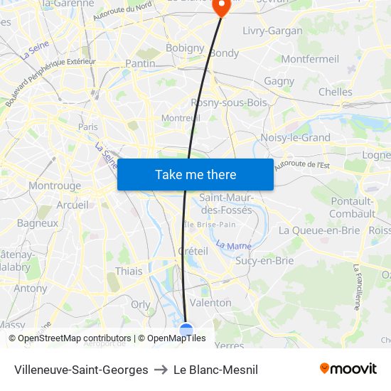 Villeneuve-Saint-Georges to Le Blanc-Mesnil map