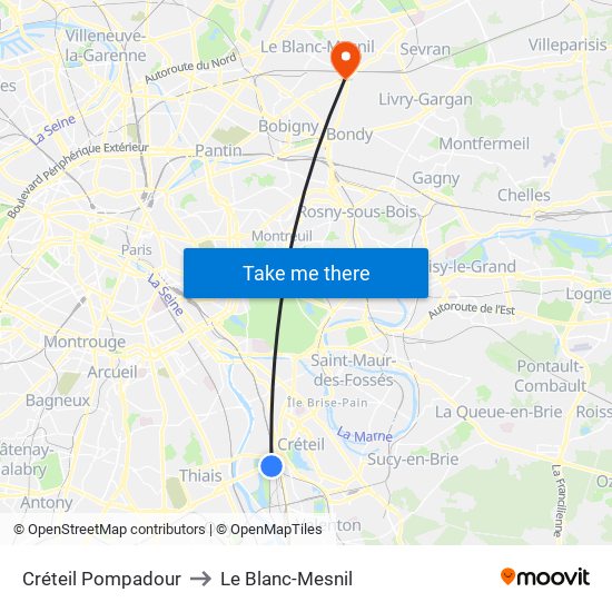 Créteil Pompadour to Le Blanc-Mesnil map