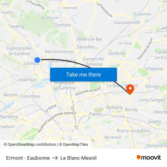 Ermont - Eaubonne to Le Blanc-Mesnil map