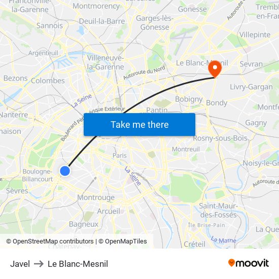 Javel to Le Blanc-Mesnil map