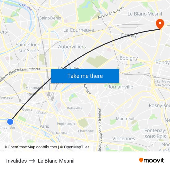 Invalides to Le Blanc-Mesnil map