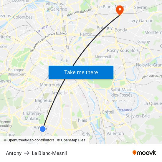 Antony to Le Blanc-Mesnil map