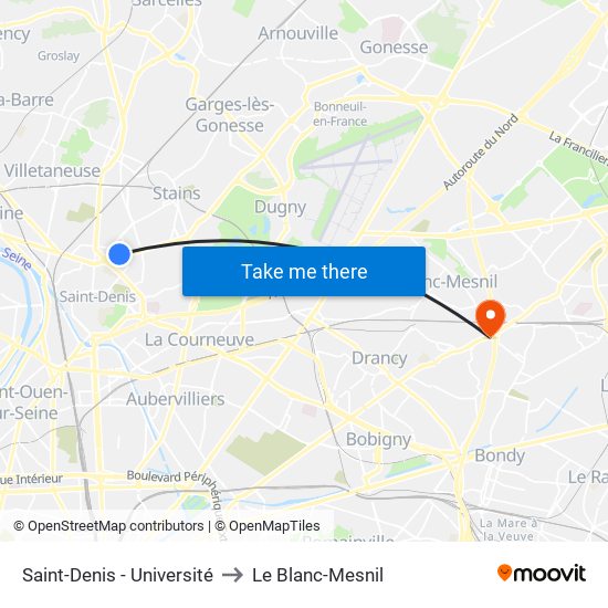Saint-Denis - Université to Le Blanc-Mesnil map