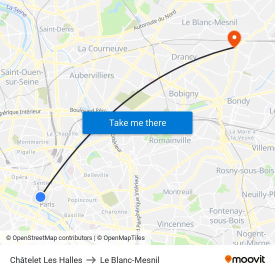Châtelet Les Halles to Le Blanc-Mesnil map