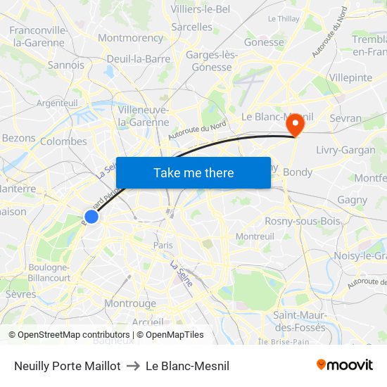 Neuilly Porte Maillot to Le Blanc-Mesnil map