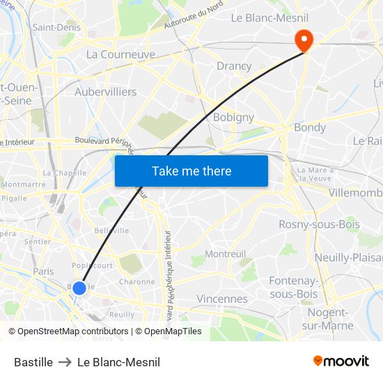 Bastille to Le Blanc-Mesnil map