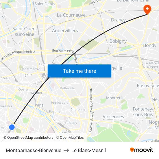 Montparnasse-Bienvenue to Le Blanc-Mesnil map